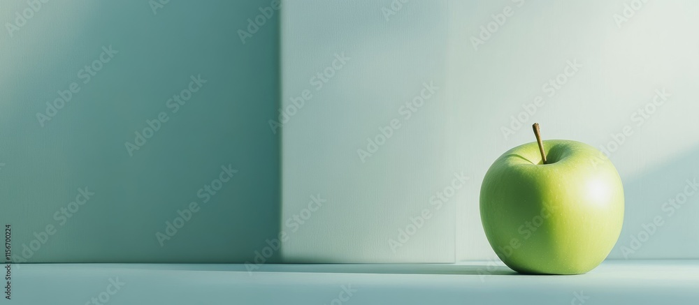 Poster fresh green apple on minimalist background with copy space for text and color concept in clean light