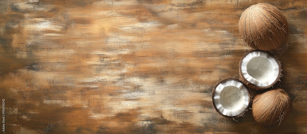 Poster half coconut shells on rustic wooden background with empty space for text and natural light brown to