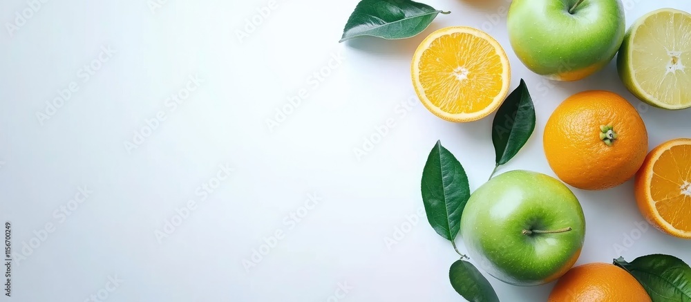Poster fresh green apples and juicy oranges on a clean white background with space for text or branding ele