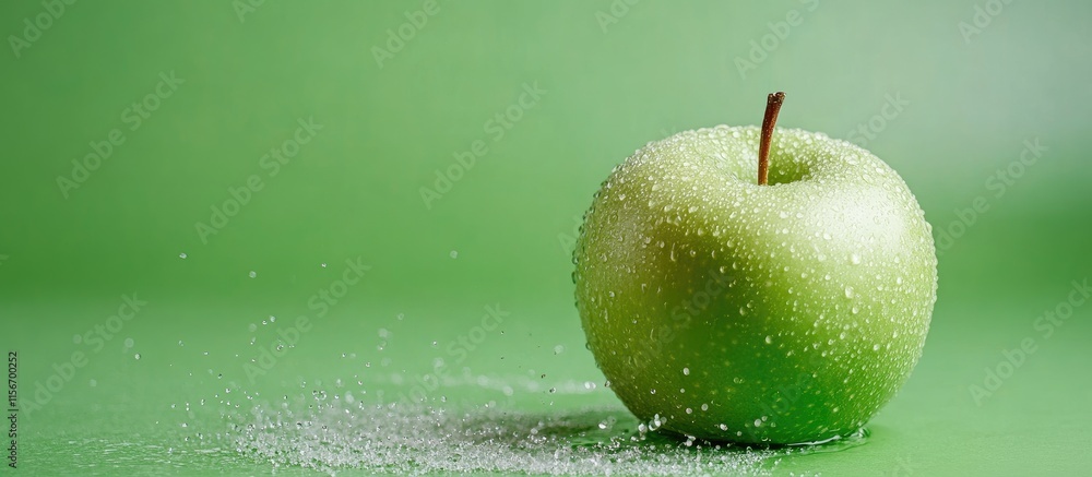 Poster green apple splashing into water against a soft green background with space for text or product prom