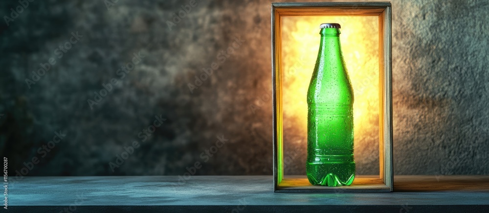 Poster green soda bottle illuminated in display box urban setting with empty space for advertising text
