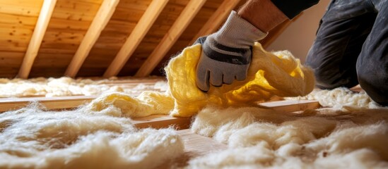 Person's hand in gloves removing yellow cloth from Man installing thermal insulation