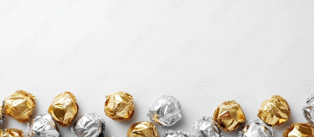 Poster gold and silver foil wrapped chocolates with creamy filling and empty space for branding or text pla