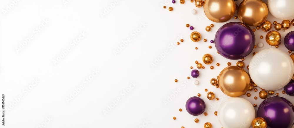 Poster gold and purple balloons on a white backdrop flat lay with ample empty space for customizable text o