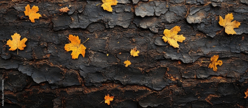 Poster gold and yellow maple leaves scattered on dark brown tree bark creating a beautiful nature backdrop 