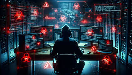 Hacker A hacker in a dark, futuristic setting, seated before multiple monitors displaying red virus warning2