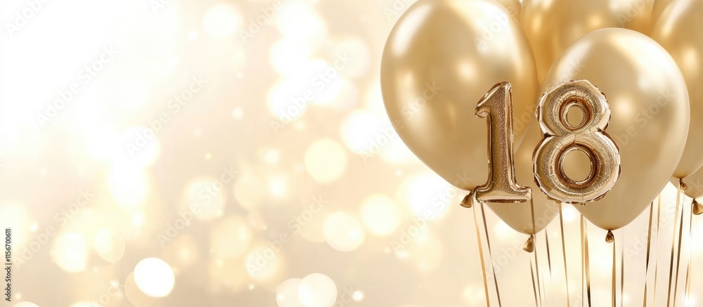 Poster gold balloons number 18 for graduation celebration with bokeh background and editable space for cust