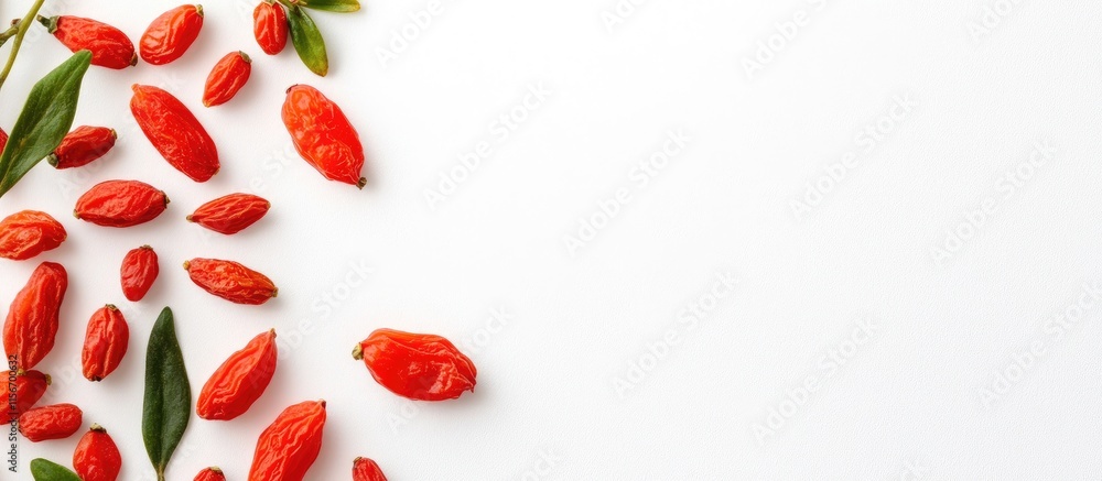 Poster fresh goji berries arranged on a white background with soft tones and ample space for creative text 