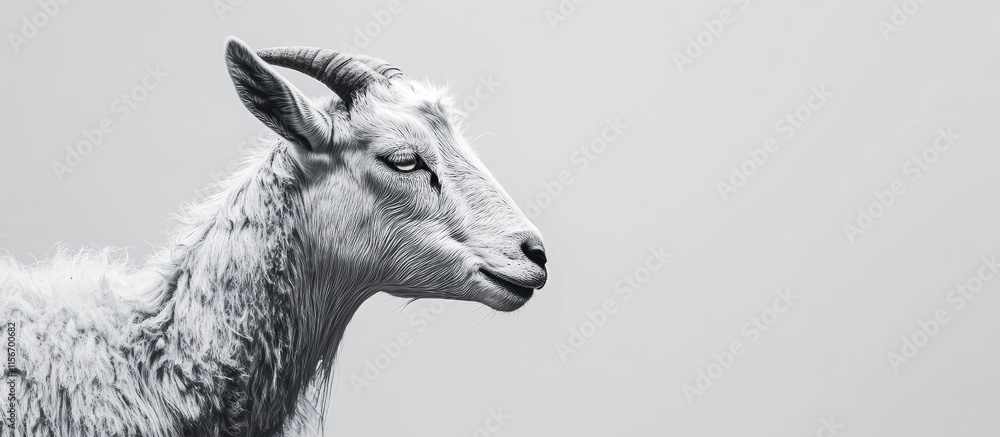 Poster goat close-up portrait on neutral background with space for text showcasing animal features and sere