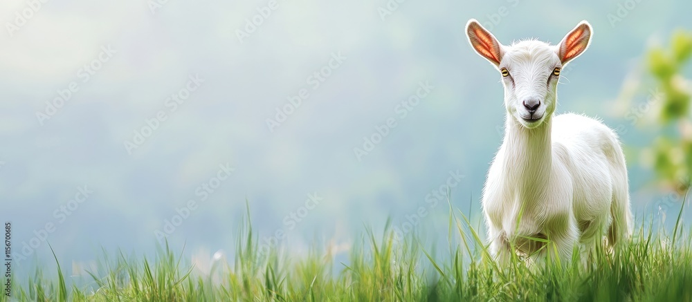 Poster goat grazing on lush grass in serene farm setting with empty area for custom text or advertising mes