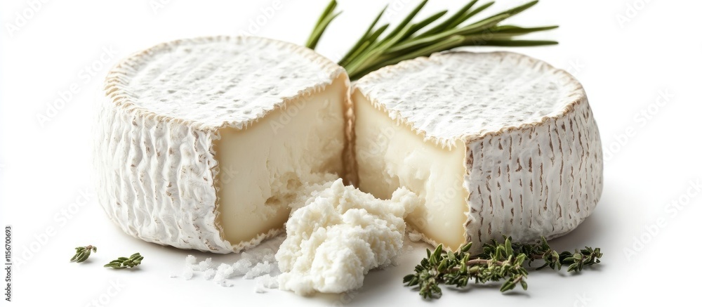 Poster fresh goat cheese displayed with herbs and rustic texture isolated on white background perfect for c