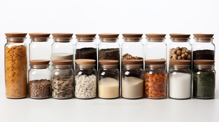 An assortment of artfully arranged glass storage jars filled with various grains spices and herbs displayed on a clean white background