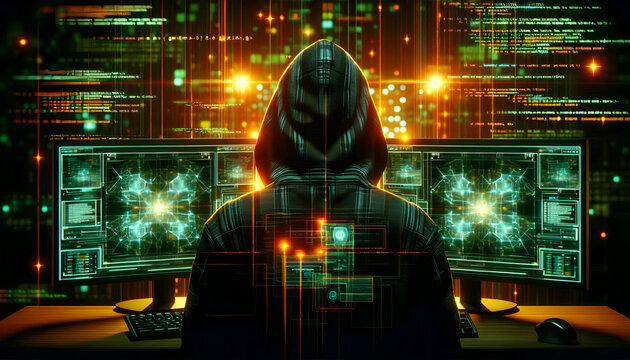 Hacker A hacker in a hooded jacket, facing two monitors glowing in green and orange, with digital code runn1