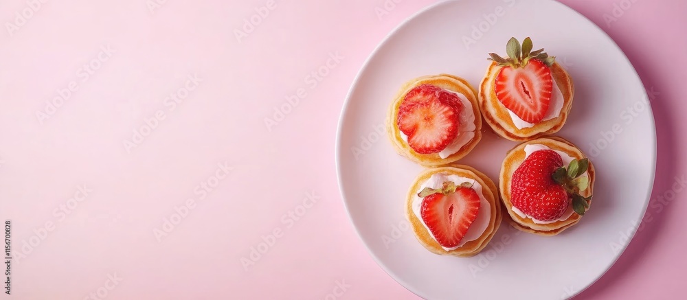 Aufkleber gluten free pancake stacks with fresh strawberries and syrup on a plate with an empty space for text