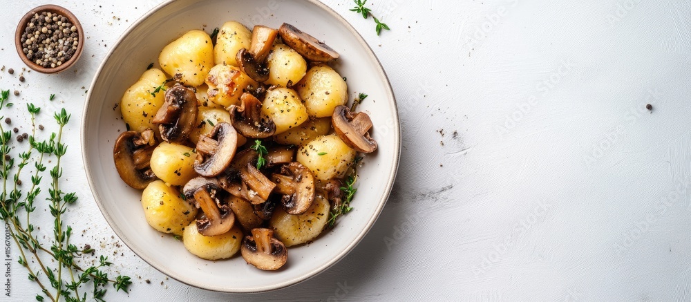 Poster gnocchi with mushrooms and thyme in bowl on white background with space for text and herbs.