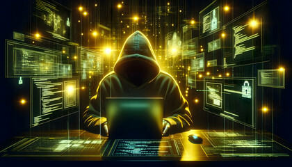 Hacker A glowing, digital display of code and data filling a dark space, with a hooded figure typing on a l3