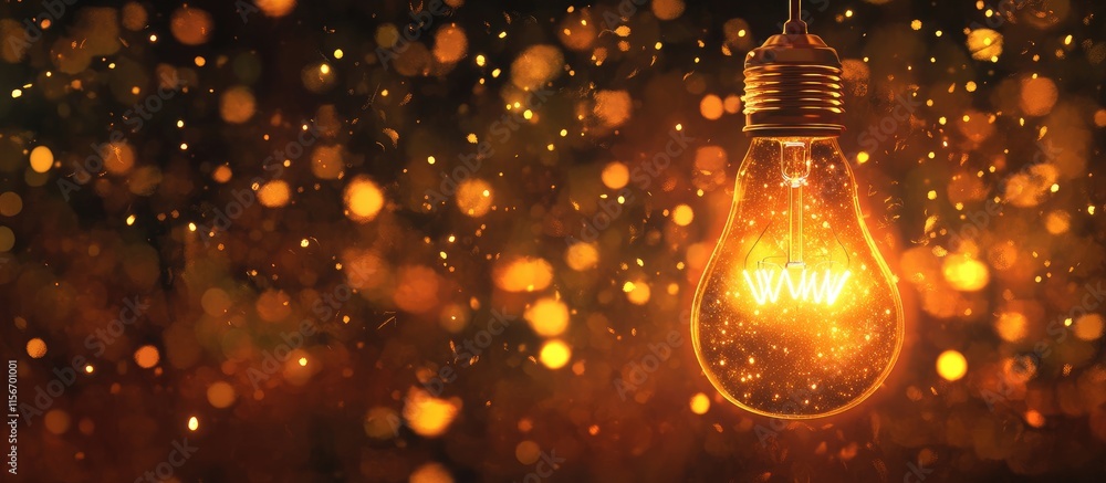 Poster illuminated light bulb with glowing filament surrounded by a warm bokeh background representing insp