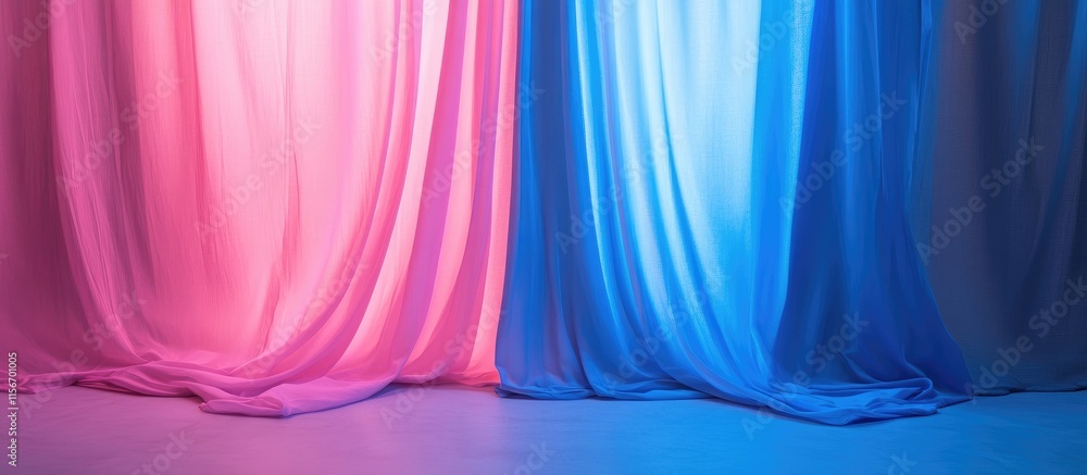 Poster neon pink and blue fabric drapes creating a vibrant background with ample space for text or branding
