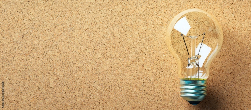 Poster glowing light bulb on a cork notice board with empty space for text highlighting creativity and insp