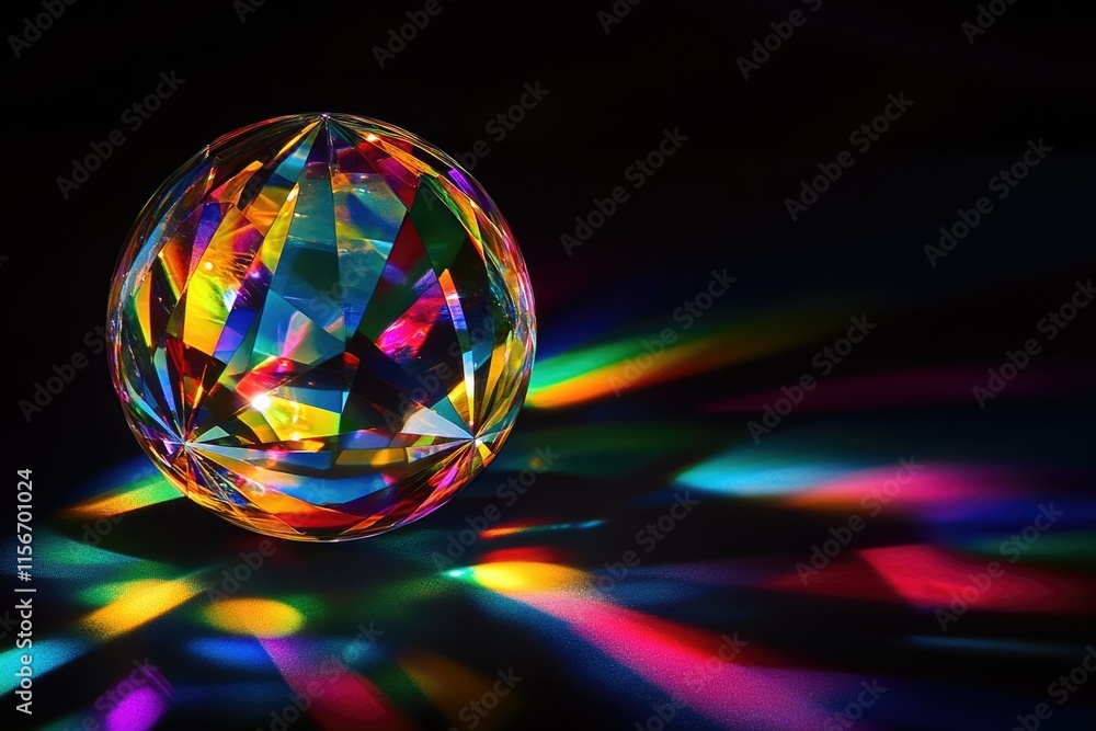 Poster a multifaceted crystal sphere casts vibrant rainbow reflections on a dark surface, creating a mesmer