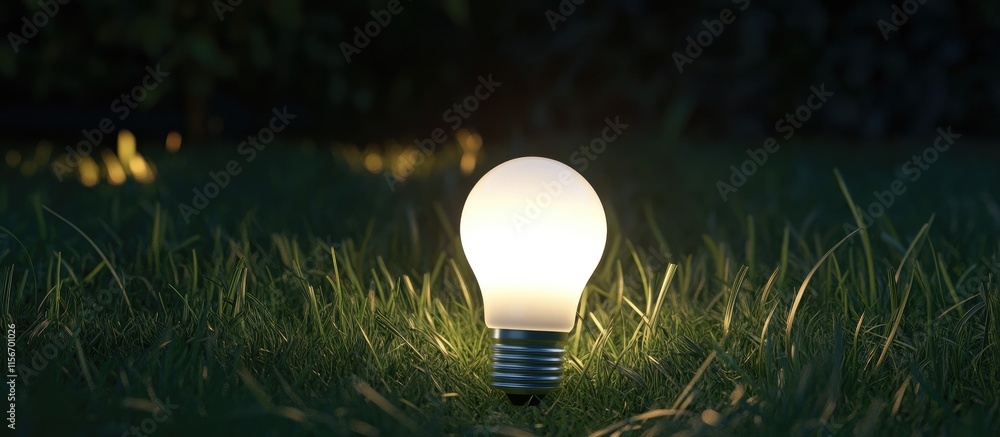 Poster glowing light bulb on grass symbolizing energy efficiency with ample space for text and creative ide