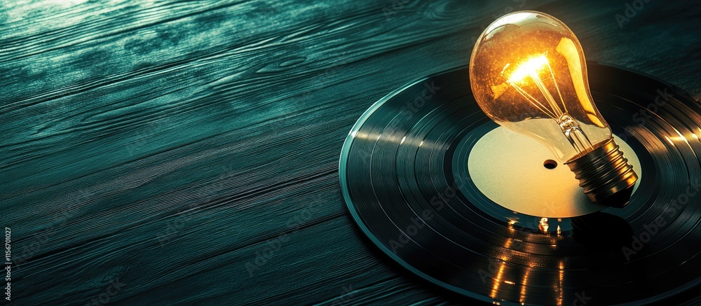 Poster light bulb on vinyl record representing creativity and inspiration with serene background and ample 