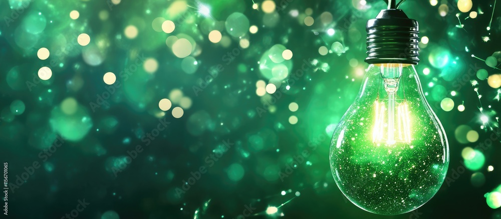 Poster glowing green light bulb on vibrant green bokeh background with blank space for text and design elem