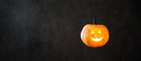 Glowing jack o lantern pumpkin suspended against dark backdrop evoking Halloween spirit with space for personalized text or branding messages