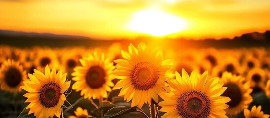 Obraz premium Serene sunset landscape of vibrant sunflower field with A captivating copy space