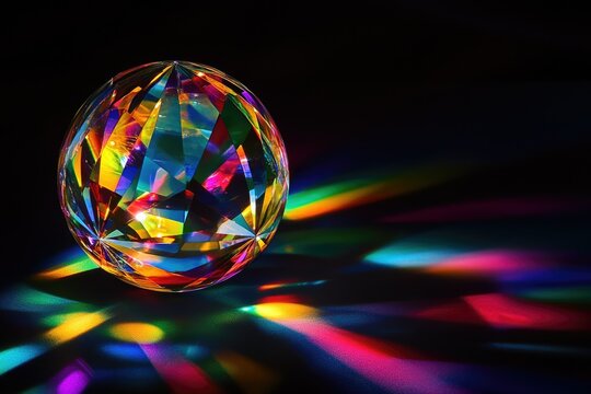 A multifaceted crystal sphere casts vibrant rainbow reflections on a dark surface, creating a mesmerizing display of light and color.