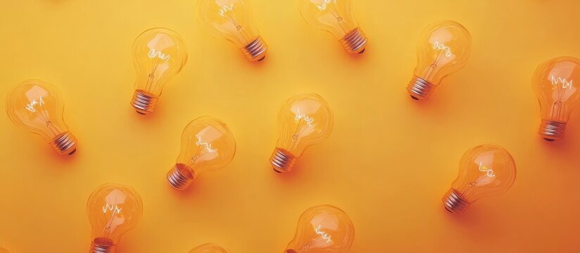 Glowing light bulbs on vibrant yellow background symbolizing creativity and innovative ideas with space for text or branding messaging