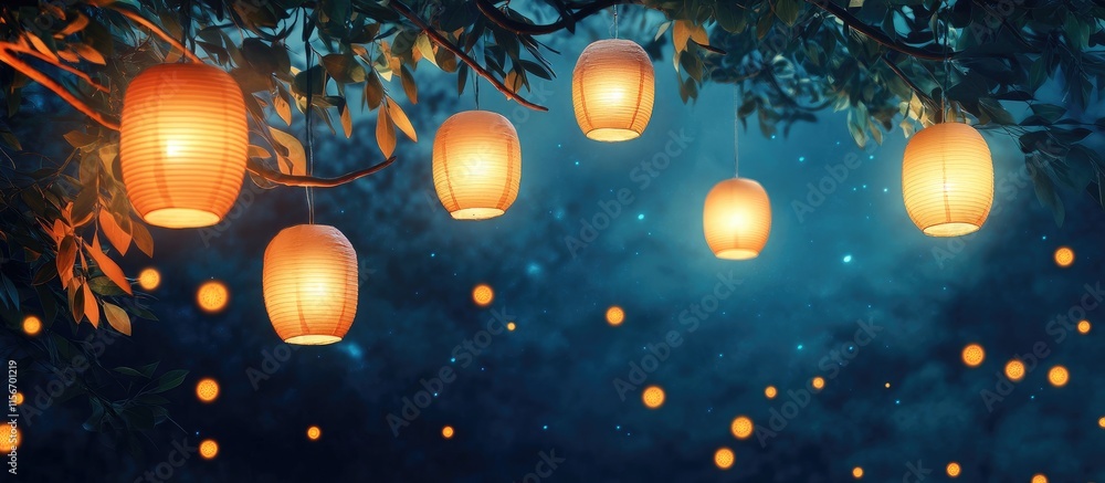 Poster enchanting glowing paper lanterns suspended from tree branches amidst night sky creating a serene at