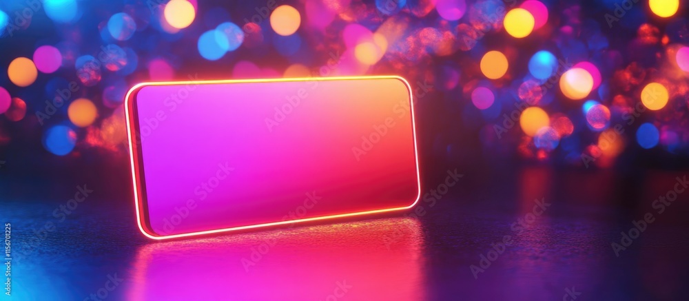 Poster neon light keycard displaying vibrant colors with blurred bokeh background and space for custom text