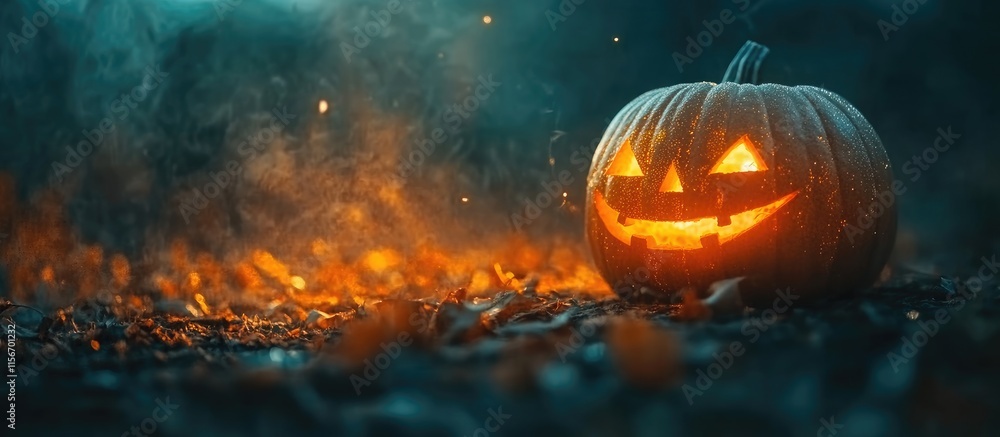 Poster glowing jack-o-lantern in dim light with selective focus and open space for overlay text on a hallow