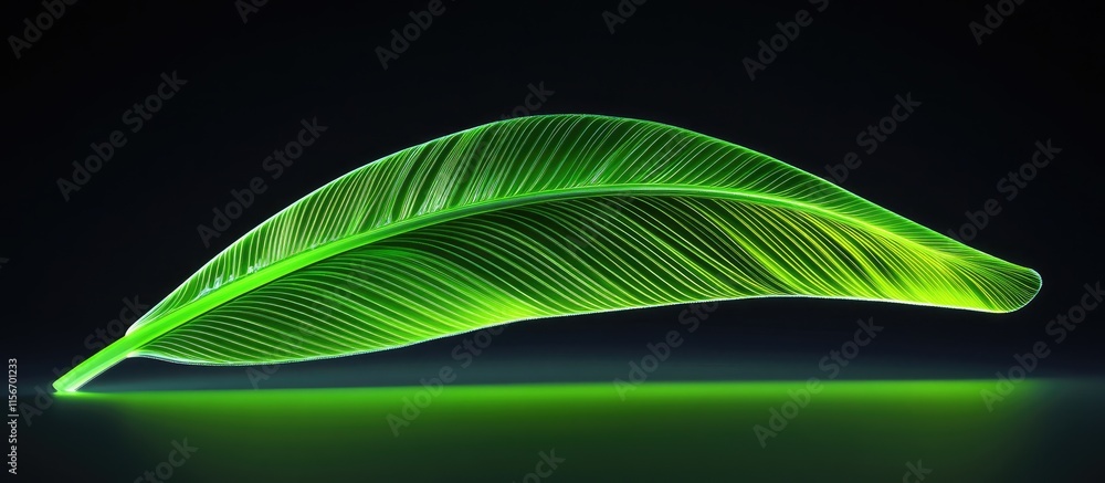 Poster luminous green palm leaf in minimalistic design with space for text or branding in a dark background