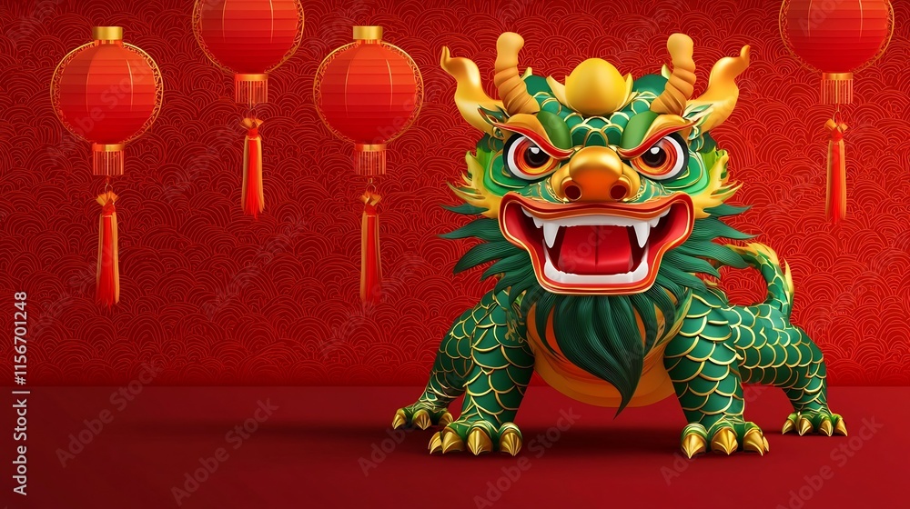Poster elegant 3d of traditional chinese new year symbols such as red lanterns dragons and phoenixes on a s