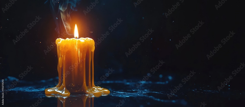 Poster glowing candle with dripping wax illuminating dark background creating space for text or design elem