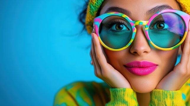 This vibrant portrait features a stylish woman with oversized glasses and playful accessories, exuding energy and confidence in a lively, colorful environment.