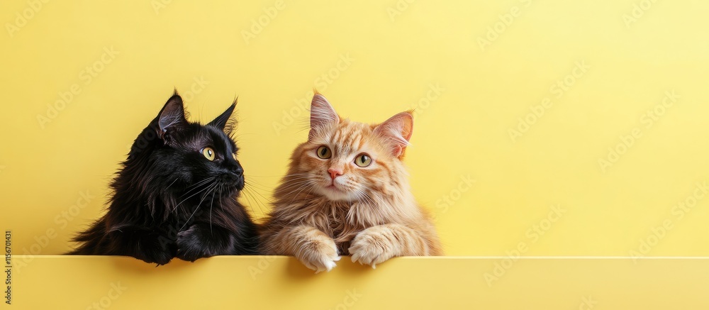 Poster ginger and black cats with playful expressions on vibrant yellow background empty space for copy or 
