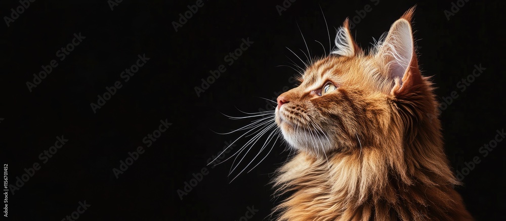 Poster elegant ginger cat profile with a contemplative gaze against a dark background and ample space for t