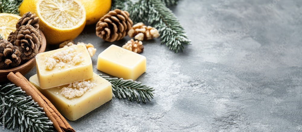 Poster Ginger scented soap bars surrounded by potpourri on a gray background ideal for a home spa setting with space for text and design elements