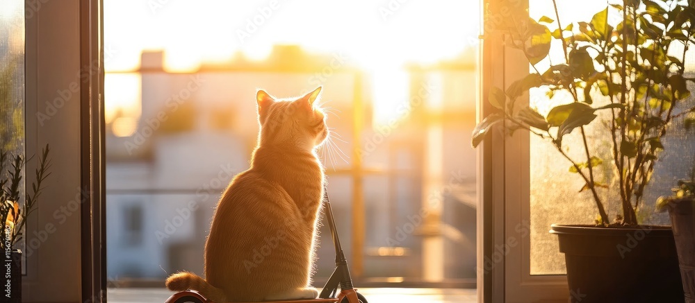 Aufkleber ginger cat enjoying sunset view from home with electric scooter and empty space for text in a cozy s