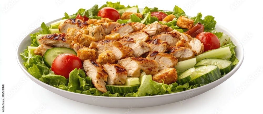 Poster caesar salad with grilled chicken cucumber and tomatoes on fresh green lettuce served in a bowl on w