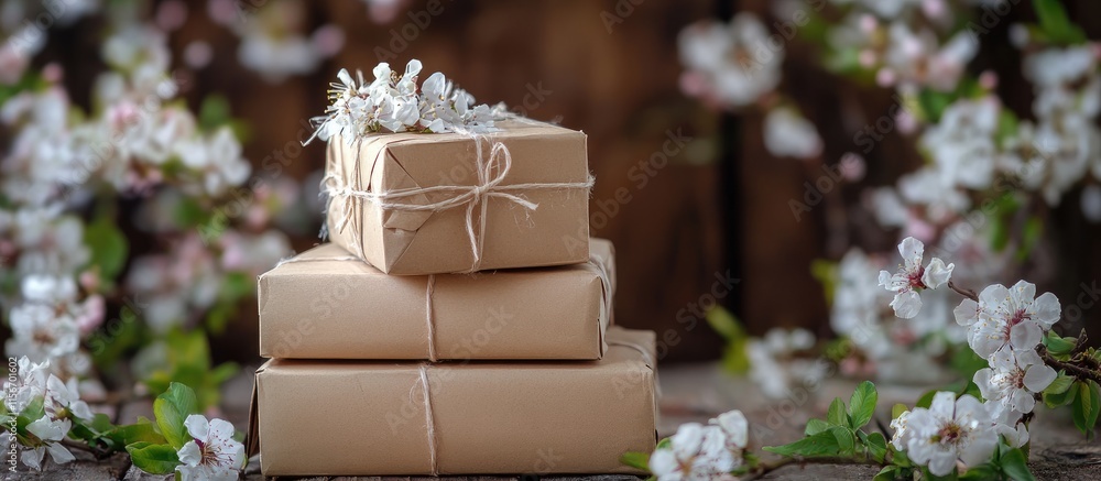 Poster gift wrapped boxes with decorative twine surrounded by blossoms offering empty space for personalize