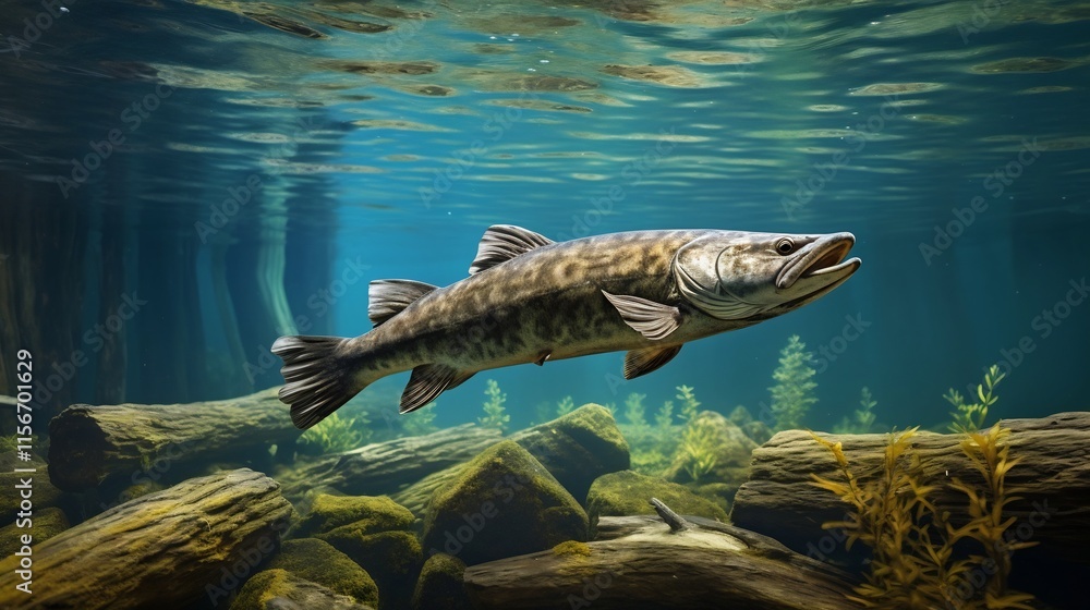 Poster a sleek and elegant zander fish effortlessly swimming near a partially submerged log in the calm cle