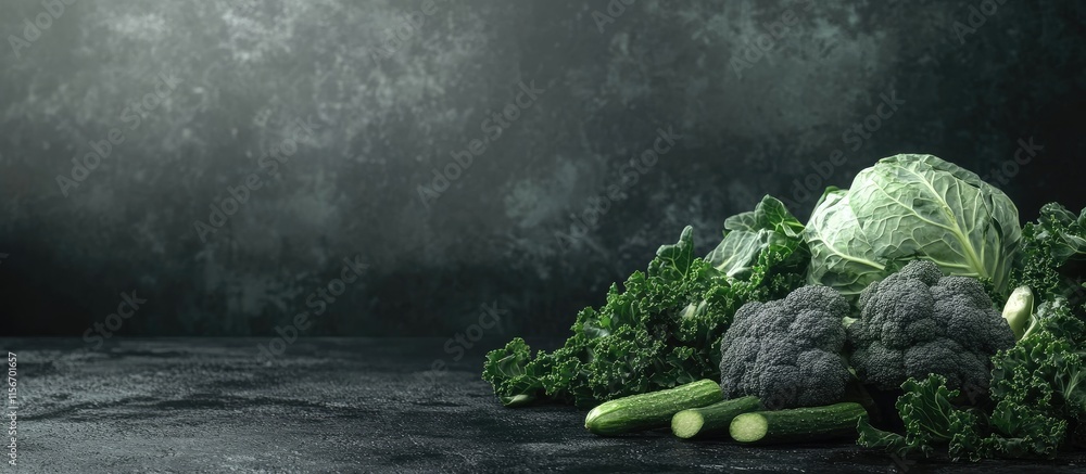 Poster fresh green vegetables cabbage kale broccoli zucchini on dark gray background with empty space for t