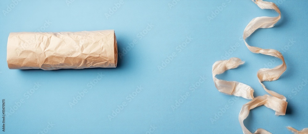 Poster gift wrapped in textured paper with ribbon on blue background with ample empty space for personalize