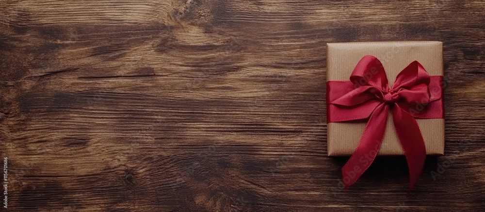 Poster gift wrapped in brown craft paper with a red ribbon on a rustic wooden table with space for your per