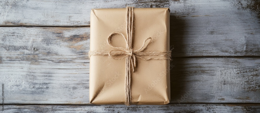 Poster gift wrapped package on wooden table with empty space for custom text and bold typography design