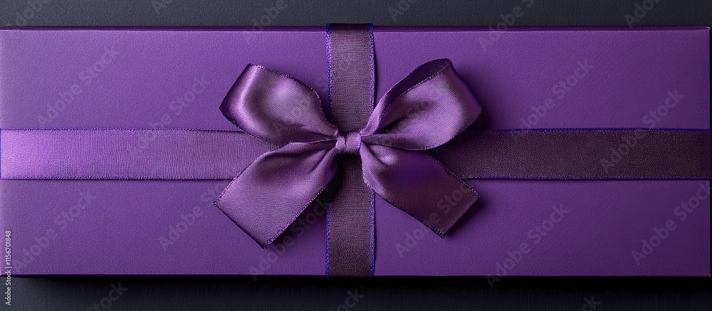 Poster purple gift box with satin ribbon and bow isolated on dark background with ample empty space for you